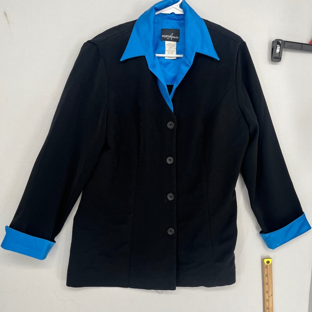 Positive Attitude Womens Blazer Jacket Black Blue Trim Button Front Size 16 USA
